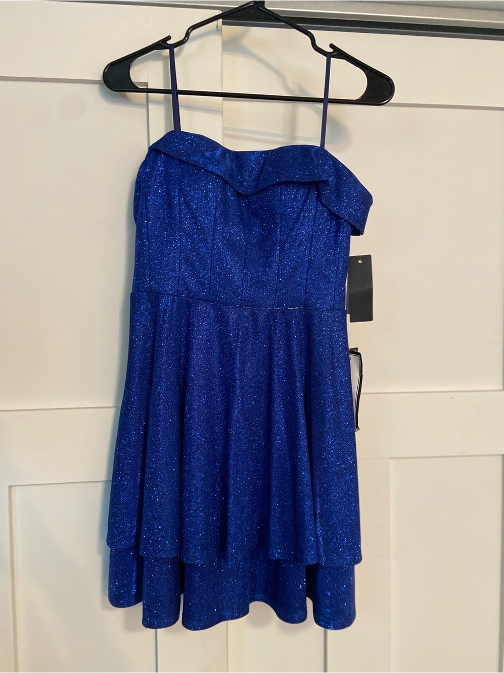 Juniors City Studio Sparkle Royal Blue Ruffle Off-Shoulder Party Dress